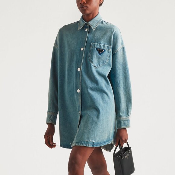 Prada Bleu Distressed Oversized Organic Denim Shirt - Picture 1 of 14